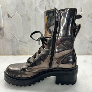 DKNY Metallic Gunmetal Double Buckle Chunky Lug Sole Bart Combat Boots Silver 7